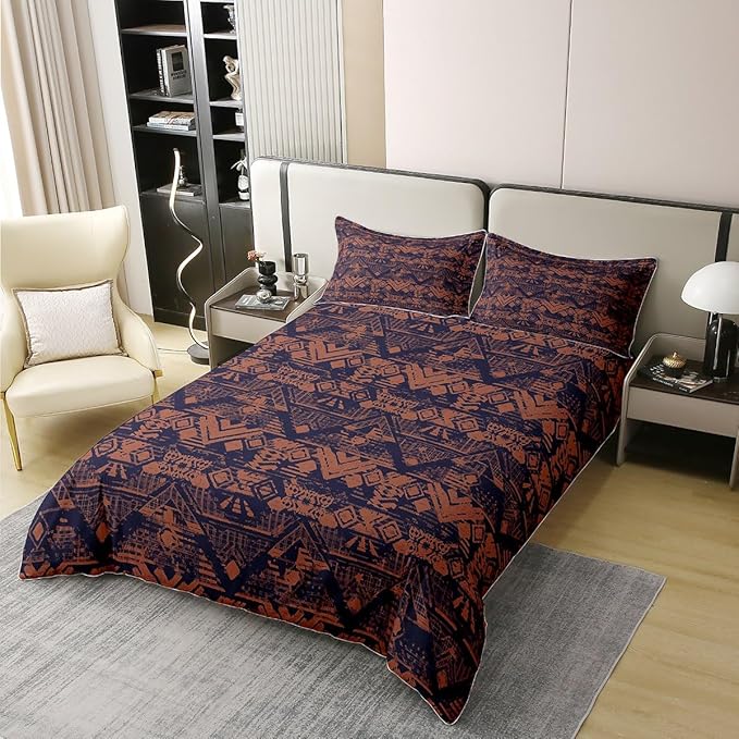 100% Natural Cotton Ikat Duvet Cover King Ethnic Bedding Set Boho Exotic Tribal Abstract Geometric Stamp Comforter Cover Brown Aztec Room Decor Bohemian Quilt Cover for Man Woman Adult