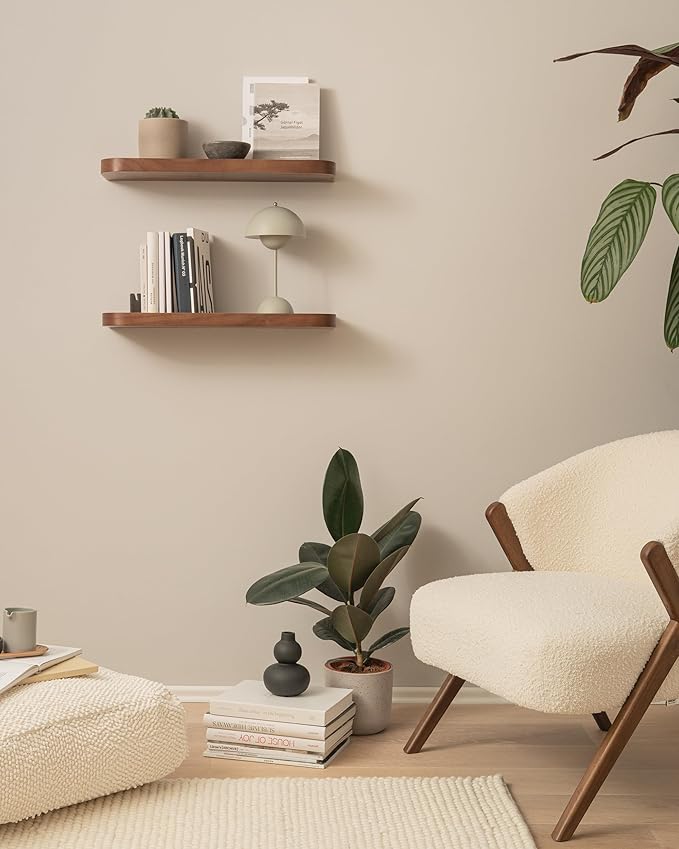 Kazai.® 23.6 inches Floating Shelves for Wall 'Toke' | Set of 2 Small Mounted Wooden Shelf Units | Modern Wall Decor & Storage for Living Room, Bathroom, Kitchen, Bedroom & More | Walnut