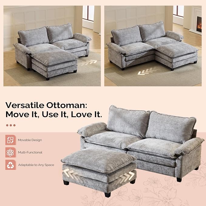 VINGLI 87" Convertible Sectional Sofa,L-Shaped Deep Seat Sofa Couch for Living Room,Modern 2-Seat Loveseat Sofa with Ottoman for Small Space(Light Grey)