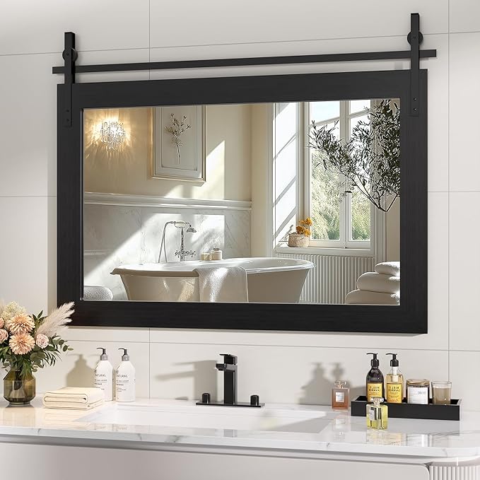 Hasipu Farmhouse Bathroom Mirror, 40"x26" Rustic Wood Framed Wall Mounted Mirror, Black Vintage Vanity Mirror Barn Door Style Decrative Mirrors