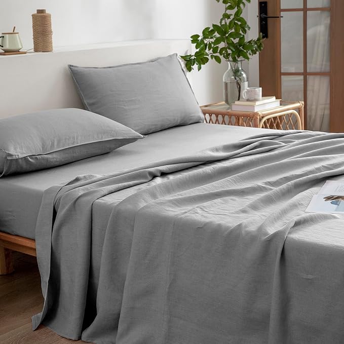 EVERLY Linen Twin Sheets Set, 100% Stonewashed French Linen Bed Sheets Deep Pocket Sheets, 3 Pieces (1 Flat Sheet, 1 Fitted Sheet, 1 Pillowcase) Natural Flax Bedding Set, Light Grey