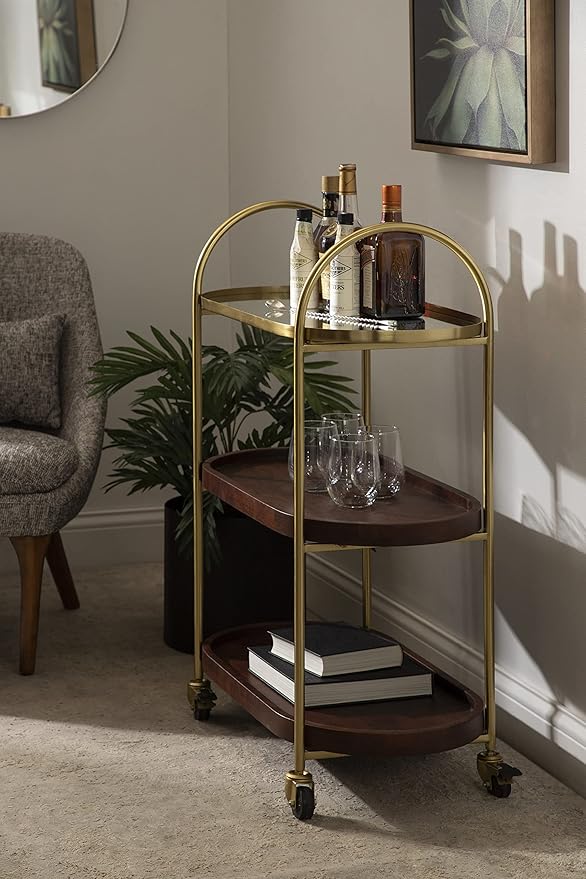 Kate and Laurel Maxfield Midcentury Modern Rolling Bar Cart, 26 x 13 x 36, Walnut and Gold, Decorative Glamorous Wood and Mirrored Kitchen Storage Cart with Wheels