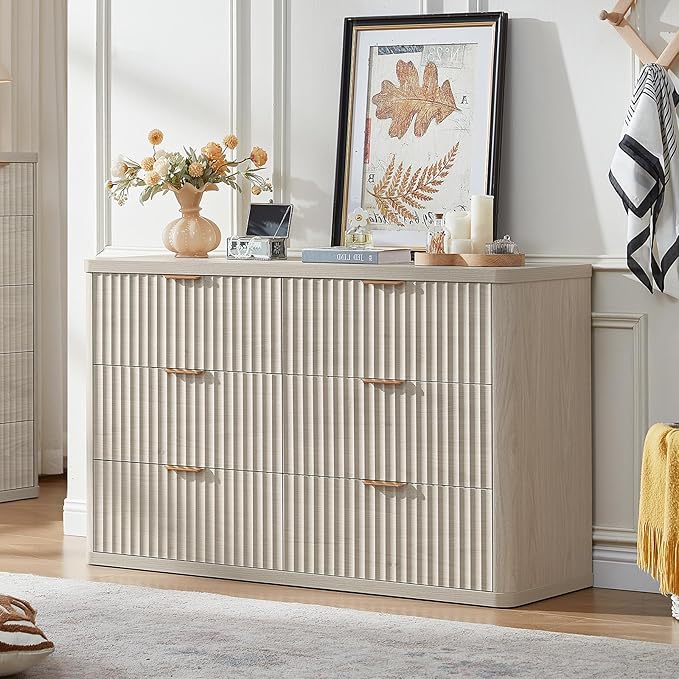 LEYAOYAO Fluted 6 Drawers Dresser Set of 2, 48" Wide Modern Chest of Drawers with Metal Handle, Light Grey Curved Profile Dresser TV Stand, Wooden Drawer Organizer for Bedroom, Living Room, Hallway