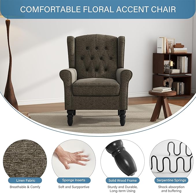 High Back Accent Chair, Fabric Upholstered Armchair Wingback Chair for Living Room, Comfy Single Sofa Bedroom Reading Seat with Solid Wood Legs - Taupe