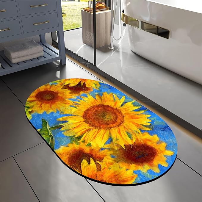 Abstract Sunflower Oval Bath Mat Diatomaceous Mud Mats with Rubber Backing Ultra Soft Washable 23.6"×15.7" Quick Dry Thin Bath Rugs for Bathroom Floor Bathtub Vanity Easy Care