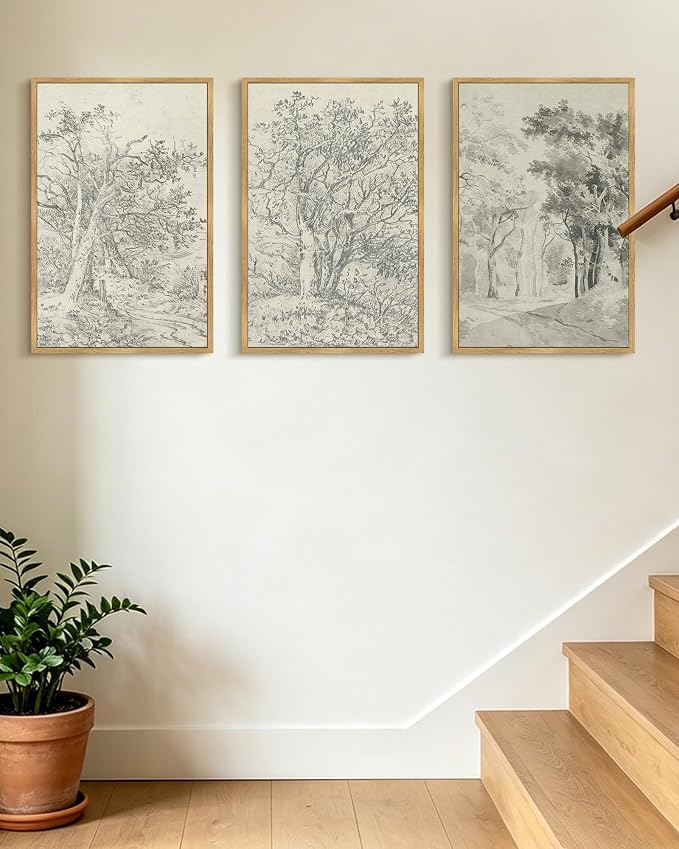 KUVIOKE Vintage Tree Framed Wall Art Retro Antique Forest Drawings Nature Wilderness Sketch Wall Painting Modern Landscape Decor 16x24in (Natural Framed)