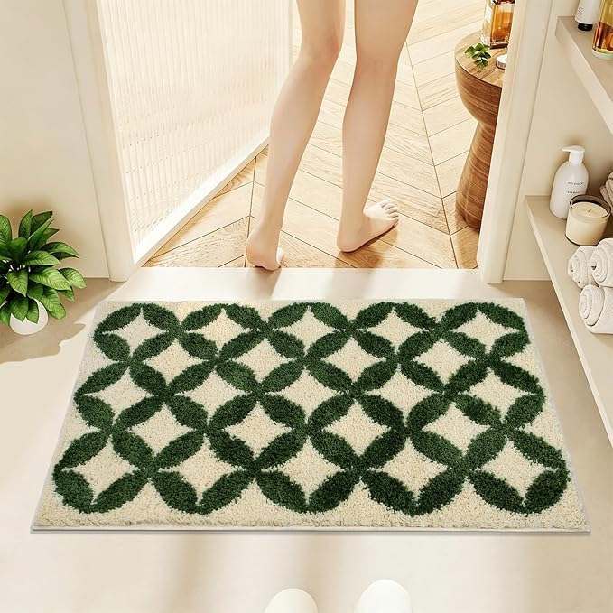 Civkor Green and Cream Bathroom Rug Non Slip Washable, Retro Bath Mat for Bathroom with TPR Backing, Quick Dry Fluffy Microfiber Piles, Super Water Absorbent Thin Bath Rug Fit Under Door, 31x20Inch