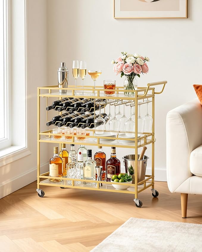 VEVOR Bar Cart, 3 Tiers Home Kitchen Serving Carts, Modern Rolling Utility Station on Wheels, Drink Beverage Trolley with Tempered Glass Shelves, Wine Rack, Glass Holder, for Living Dining Room, Gold