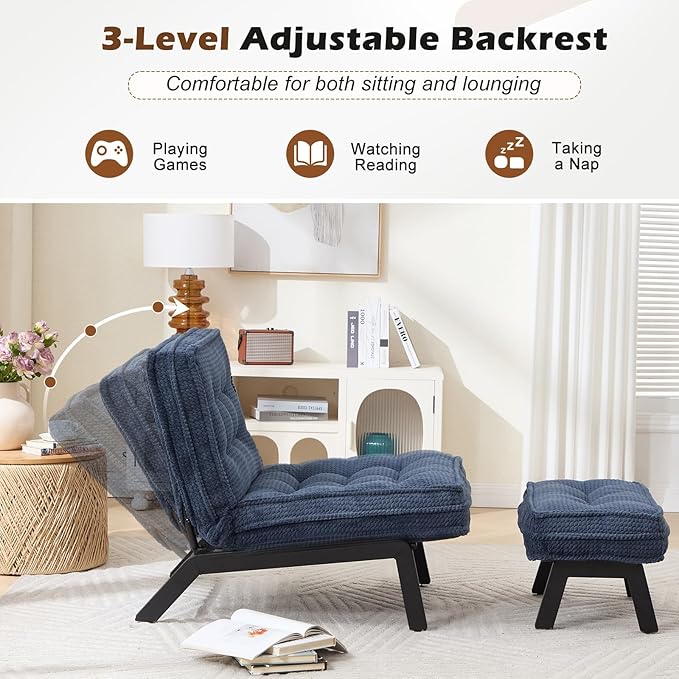 ANJ Accent Chair with Ottoman Adjustable Backrest, Blue Living Room Chair Tufted Upholstered Lounge Chair with Footrest Set, Modern Chair Cozy Reclining Chair for Reading Room Bedroom