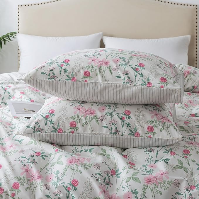 HoneiLife Cotton Duvet Cover King - Botanical Comforter Cover, 3-PC Bedlinen for Set with Zipper Closure & Corner Ties, Sweat-Absorption Comforter Cover Sets, Fuchsia‌