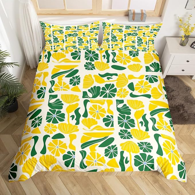 Erosebridal Retro Abstract Boho Toddler Bedding Set Mid Century Modern Abstract Geometric Duvet Cover Cute Yellow Green Floral Plants Comforter Cover for Kids Adults,Vintage Patchwork Flower Bed Set