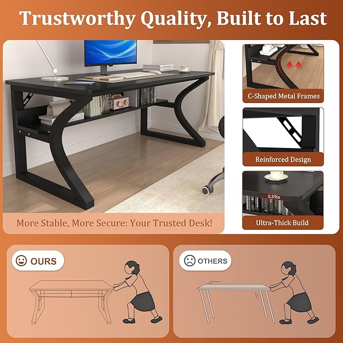 AZN Computer Desk, 47x24 in Computer Desk, Office Desk w/Storage & U-Size Metal Frame for Home Office Bedroom Gaming, Office Desk w/Water-Resistant, Scratchproof Surface, Black