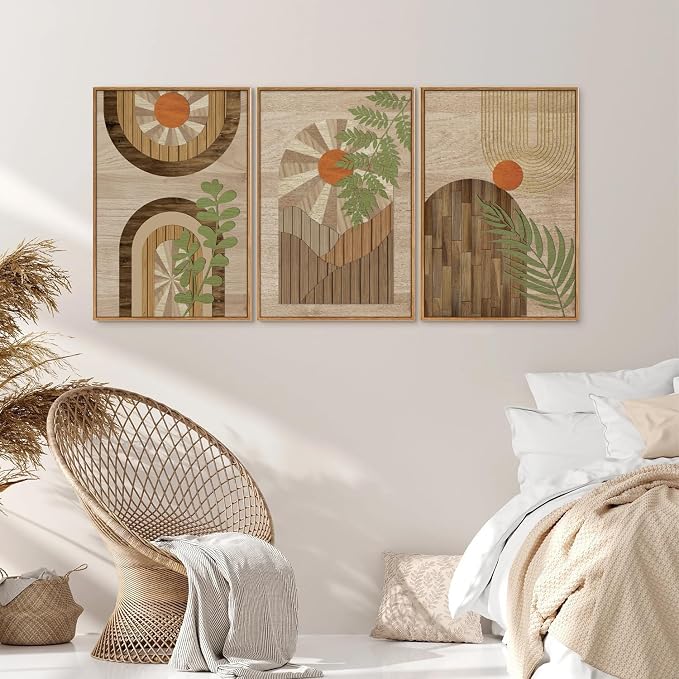 KYLESONLIE Mid Century Modern Framed Canvas Wall Art Set, Boho Wood Geometric Panel Wall Decor, Rustic Wooden Arch Art Painting, Pastel Sage Green Leaf Artwork for Living Room Bedroom Office 16"x24"x3