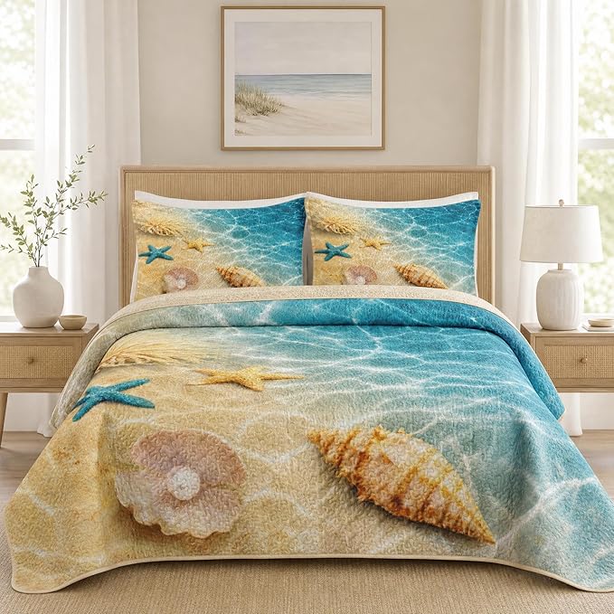 Pamnest Quilt Set Full/Queen Size, Summer Beach Seashell 3 Pcs Soft Bed Cover Bedding Set for Kids and Adults, Blue Ocean Sea Shell Lightweight Bedspread Coverlet with Pillow Sham for All Season