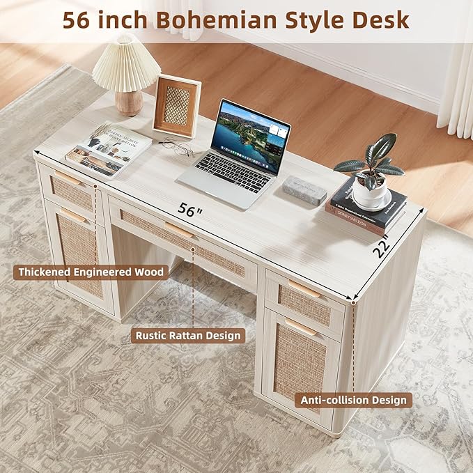 LEYAOYAO 56'' Rattan Farmhouse Executive Desk with Drawers, Wood Home Office Desk with File Cabinet and Metal Handles, Large Vintage Computer Desk for Home, Bedroom, Living Room （Grey）