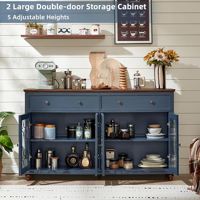 Farmhouse Sideboard Buffet Cabinet Set of 2 with Storage,59" Large Credenza with 4 Glass Doors & 2 Drawers,Adjustable Shelves Console Table,Wood Kitchen Coffee Bar for Dining Room,Blue