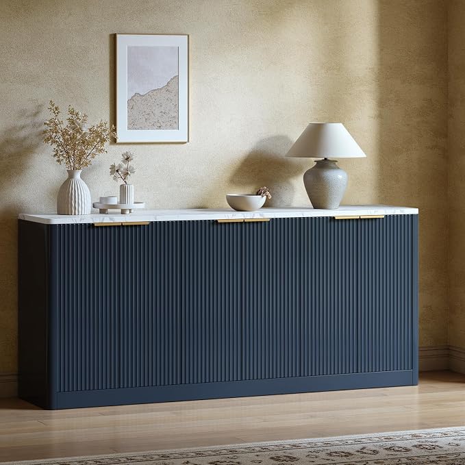 Evermagin 67" Fluted Blue Buffet Cabinet Sideboard with Storage, Large Credenza with 6 Doors, Wood Mid Century Modern Sideboard for Kitchen and Living Room (67"*31.5"*15.7")