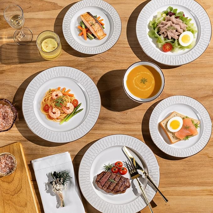 GBHOME Ceramic Dinnerware Sets,12 pcs Embossed Elegant Stoneware Plates and Bowls Sets, Housewarming Wedding Gift | Dishwasher & Microwave Safe | Dishes Set Service for 4