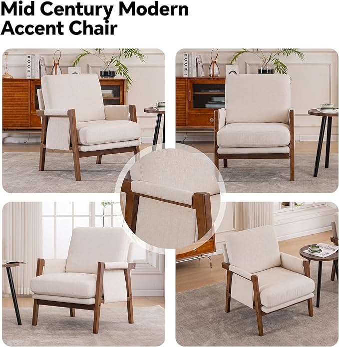 Mid Century Modern Accent Chairs Set of 2 with Solid Wood Frame, Upholstered Living Room Chairs with Wide Armrest, Chenille Fabric Comfy Arm Chair for Bedroom, Reading Room, Balcony, Beige