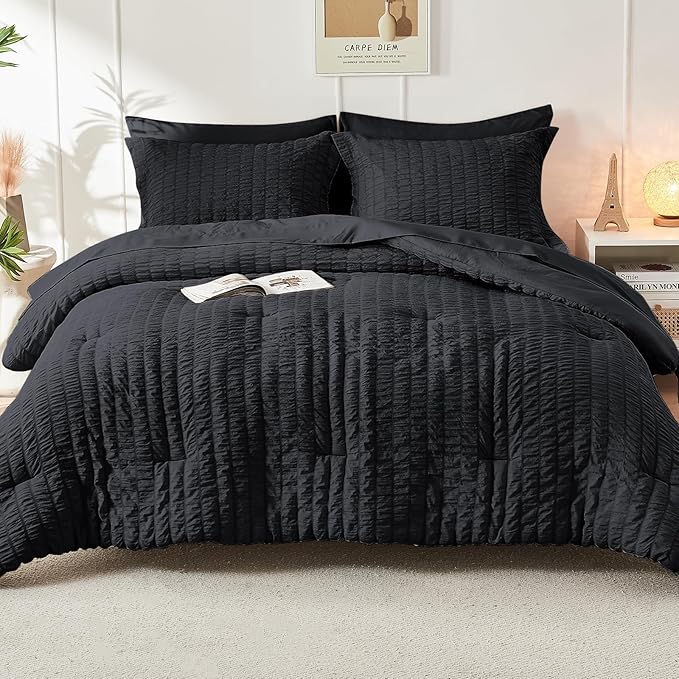 HYMOKEGE Black Twin Comforter Set Seersucker 5 Pieces, All Season Luxury Bed in a Bag for Bedroom, Bedding Set with Comforters, Sheets, Pillowcase & Sham