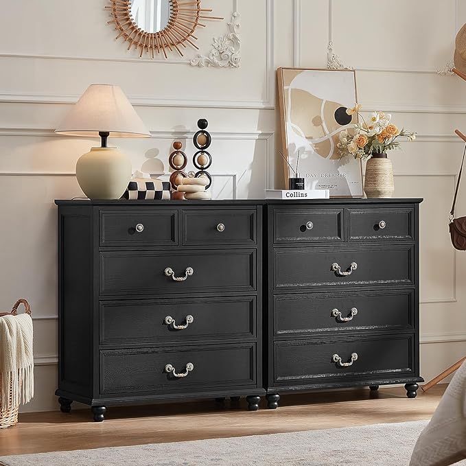 Farmhouse 5 Drawer Dresser Set of 2 for Bedroom, 35" Tall Rustic Chests of Drawers w/ 4 Solid Wood Feet, Mid Century Vintage Wooden Closet Storage Dressers Organizer for Living Room,Black