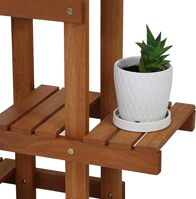 Sunnydaze 36-Inch Meranti Wood Indoor/Outdoor Multi-Tiered Plant Stand with Teak Oil Finish