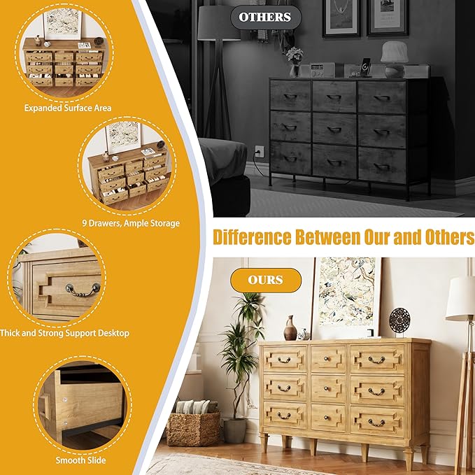 9 Drawer Dresser for Bedroom, 35.7" Tall Dresser & Chest of Drawers wtih Vintage Surface, Closet Storage Cabinet for Living Room, Hallway, Natural Oak
