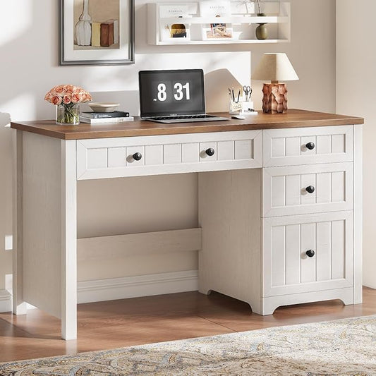 Vabches Farmhouse Executive Desk with 4 Drawers, Home Office Desk with File Drawer, Wood Computer Desk with Storage, Rustic Office Desk for Work Study Writing, Brown White