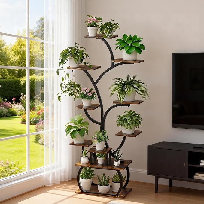 VINGLI Plant Stand Indoor with Grow Light, 61 Inch Tall Lighted Plant Shelf Indoor with 5 LED Light Strips, 10-Tiered Plant Stand for Indoor Growing, Tree-Shaped Large Metal Flower Shelves, Modern Decorative Plant Rack for Living Room, Balcony, Black