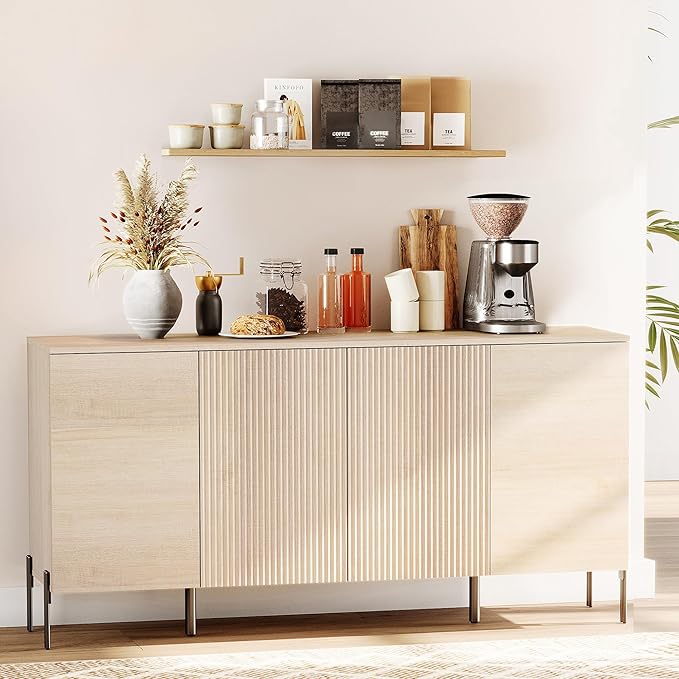 WAMPAT Fluted Buffet Cabinet with Storage, 61.5" Large Sideboard Cabinet with 4 Doors, Modern Buffet Table Coffee Bar Wine Bar Storage Organizer for Kitchen, Dining Room, Beige