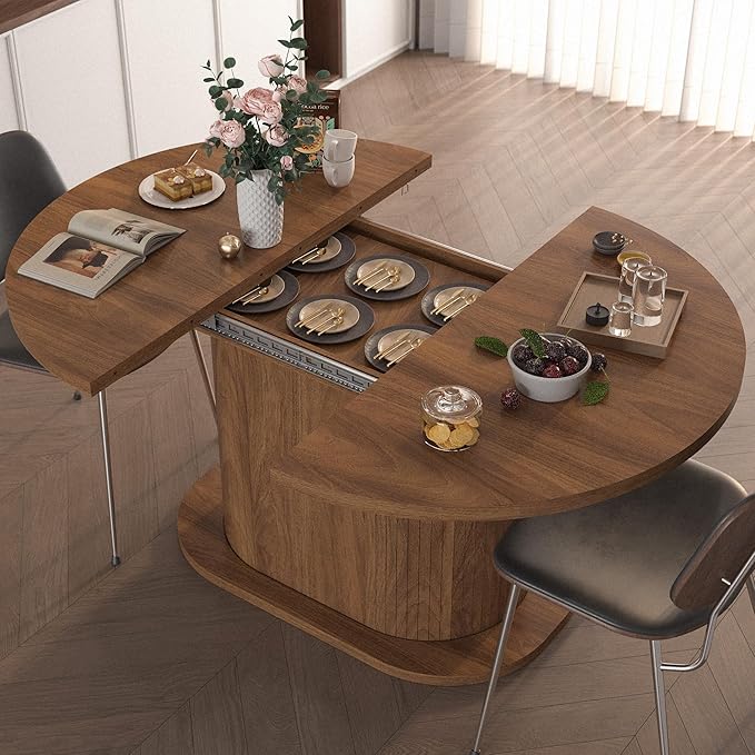 39.37"-55.12" Round Extendable Dining Table, Oval Kitchen Table with Fluted Metal Slide Door, Space-Saving Expandable Dining Table for Small Apartment & Family Use, Walnut