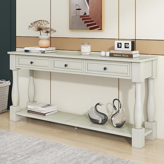 Merax LUMISOL 64 inch Long Console Sofa Table with 3 Drawers and Bottom Shelf, Hallway Table Entryway Table for Living Room, Easy Assembly (Antique White).