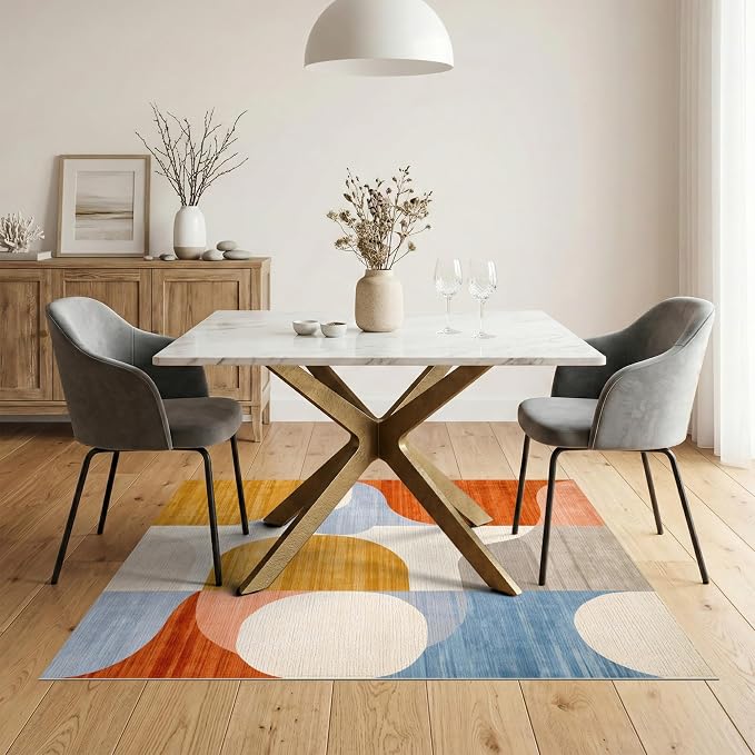Flatwoven High Traffic Area Rug 5x7, Mid Century Modern Abstract with Fluid Lines and Symmetrical Ovals, Non Slip, Stain Resistant, Washable Area Rugs for Living Room, Bedroom (Orange, 5x7)