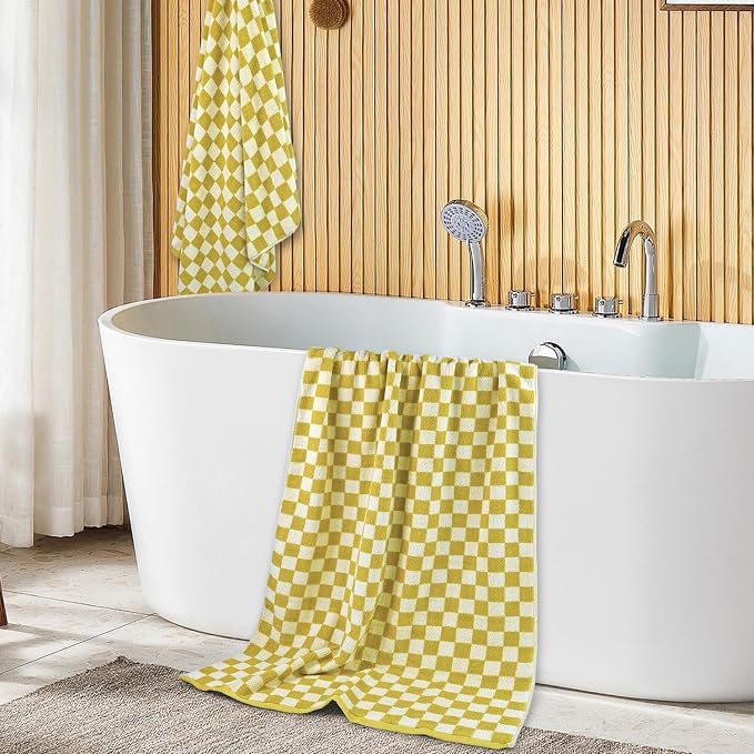Jacquotha Luxury Bath Towels - Pack of 2 Cotton Fall Bathroom Towels Sets for Body Drying 55x27.5 Inches, Mustard Yellow Checkered