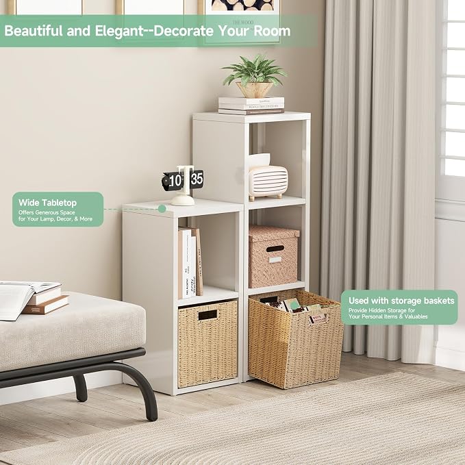 IRONMIX Metal 3 Cube Storage Organizer, Short White Bookshelf with Storage Cabinet, Narrow Nightstand, Modern Cube Storage Shelf Slim Bedside Table for Small Places, Living Room, 15 min Assembly