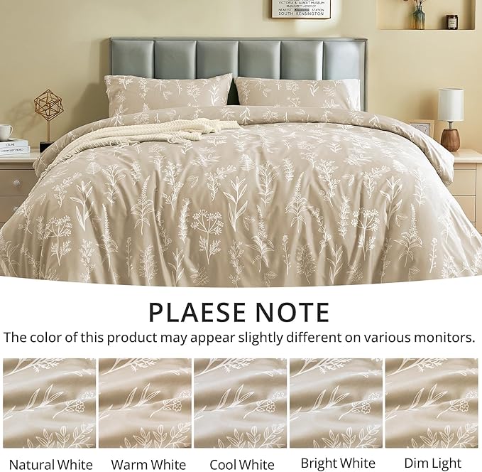 MUXHOMO Duvet Cover Queen Size, Reversible Floral Beige Duvet Cover Set with Zipper Closure, 3 Pieces Botanical Patterns Soft Microfiber Bedding Set with 4 Ties (90"x90", 2 Pillow Cases)