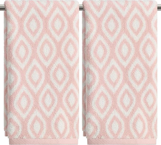 Artoid Mode 2 Pcs Beige Pink Diamond Grid Jacquard Hand Towels for Bathroom, 100% Cotton Soft Absorbent Bathroom Decor Towels, 13.7 x 29.5 Inch