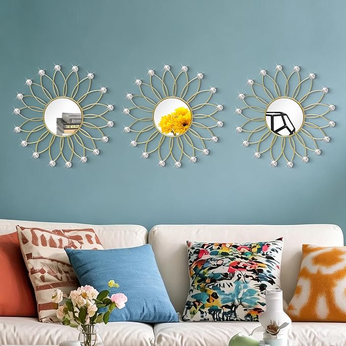3 Pack Metal Mirrors for Wall Sunburst Wall Mirrors Home Décor Decorative Hanging Wall Art for Living Room Bedroom Entryway (Gold2 Crystal, Flowers)