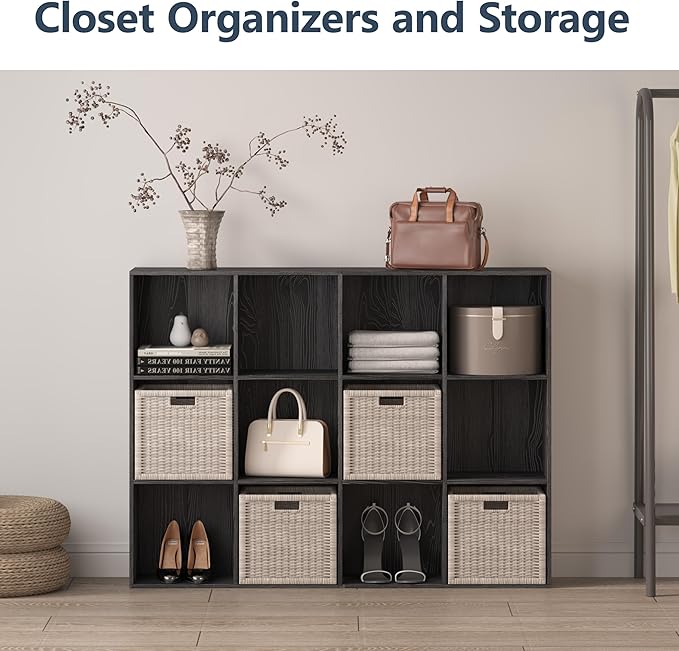 12 Cube Storage Organizer, Wooden Cube Shelves with Closed Back Panel, Reversible Bookcase, Cubes Closet Organizer for Home, Living Room, Kids Room, Office, Bedroom, Study, Hallway