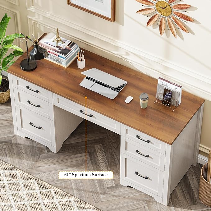 Vabches Farmhouse 61'' Executive Desk with 7 Drawers, Rustic Office Desk Computer Table with File Drawers, Wood Workstation for Home Office and Study,Unique White