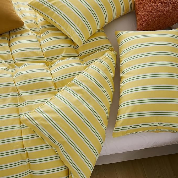 Merryword Striped Duvet Cover Set Queen Size - 100% Cotton Duvet Cover Set, Yellow Ribbon Stripes Pattern Comforter Cover 3 Pieces, Soft Linen Like Bedding Set for All Seasons