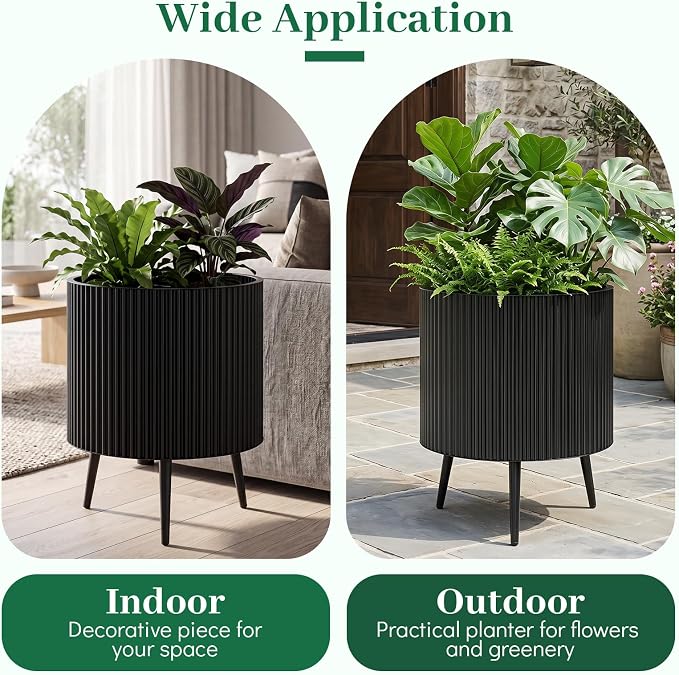 Giantex 20 Inch Plant Pot with Stand, Mid-Century Modern Fluted Planter with Built-in Drainage Holes, Metal Flower Pot with Tapered Legs for Living Room, Office, Porch, Garden