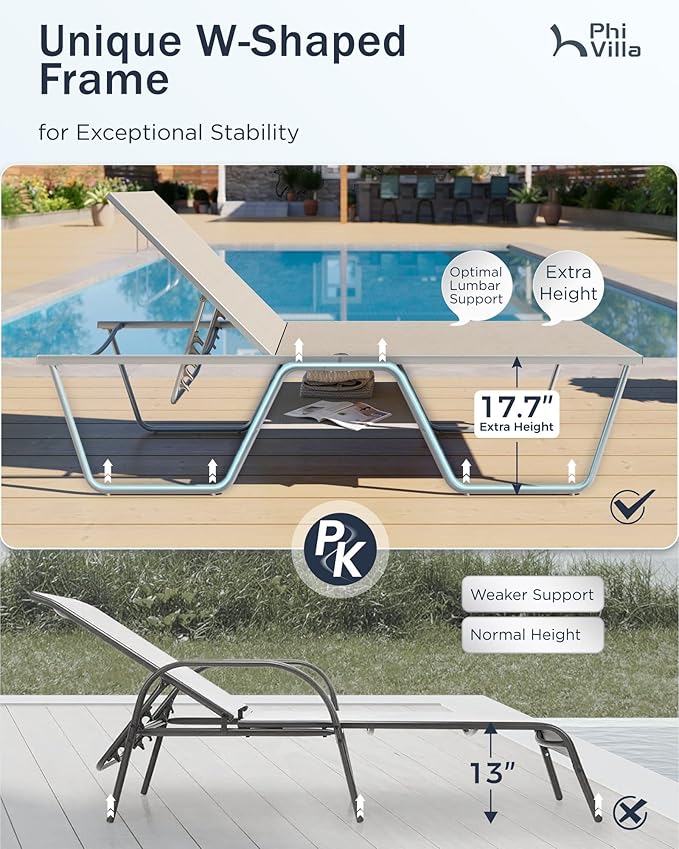 PHI VILLA 78" Oversized Outdoor Chaise Lounge Chair Set of 2, 27" Extra Wide Foldable, 5-Position Adjustable, UV50+ Textilene Mesh, Rust-Proof Powder-Coated Frame, Khaki Beige