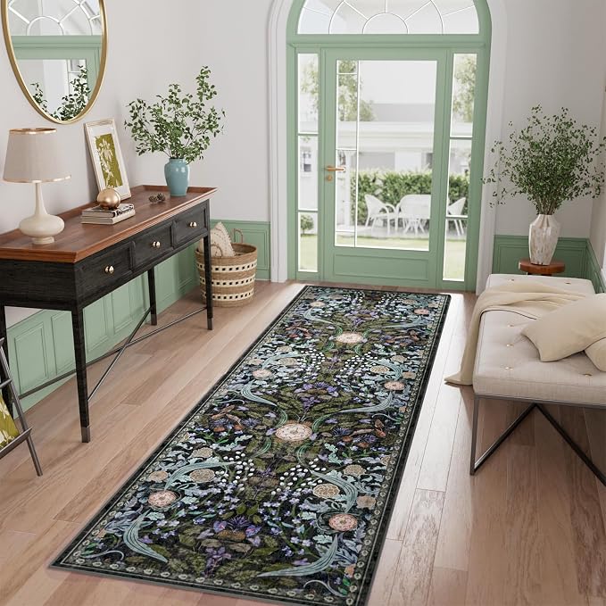 AMTOVO 2x6 Runner Rug for Hallway, Washable Non-Slip Long Kitchen Carpet, Floral Vintage Distressed Floor Mat for Hallways Entryway Living Room Laundry Room Bathroom Farmhouse, Black