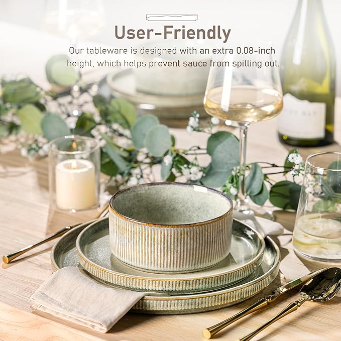 GBHOME 24-Piece Stoneware Dinnerware Set for 8 – Ribbed Ceramic Plates and Bowls, Scratch-Resistant, Microwave & Dishwasher Safe, Reactive Glaze, Desert Sage
