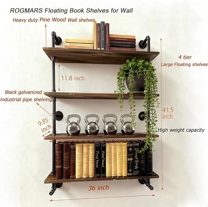 ROGMARS Floating Shelves for Wall,Solid Wood Shelves Industrial Pipe Shelving 36inch for Wall Decor,Kitchen,Living Room