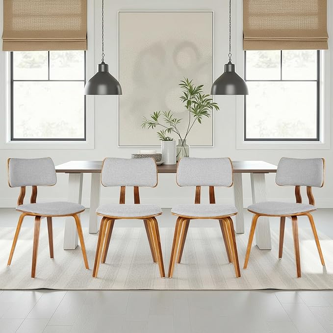 Armen Living Jaguar Mid-Century Dining Chair in Walnut Wood and Gray Fabric - Set of 4