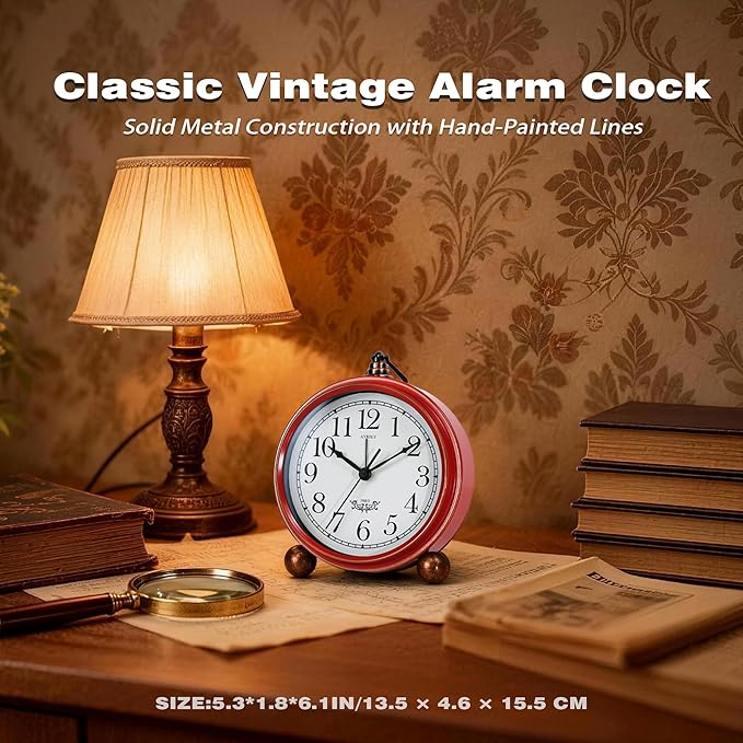 AYRELY® 5.3" Vintage Analog Alarm Clock, Battery Operated Metal Desk Clock, Retro Table Clock with Light for Living Rooms, Bedrooms, Shelf, Home Decor (Red-White)