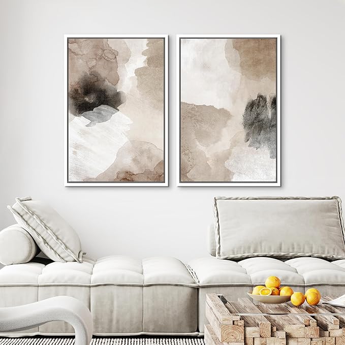 MUDECOR Framed Canvas Print Wall Art Watercolor Brown White Black Collage Abstract Shape Illustrations Modern Art Decorative Bohemian Colorful Chic for Living Room, Bedroom, Office - 16"x24"x2 White