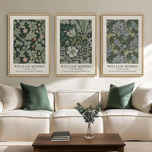 Large Framed William Morris Green Wall Art, 3 Piece Vintage Floral Canvas Prints, Retro Botanical Wall Decor for Living Room Bedroom Hallway Office, 24x36 Inch